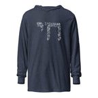 Front view of Heather Navy Chai Lightweight Hooded Tee by Eitan Chitayat for I'm That Jew®, featuring Hebrew חי design