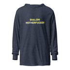Front view of Heather Navy Shalom Motherfucker Lightweight Hooded Tee by Eitan Chitayat, a soft hooded long-sleeve shirt