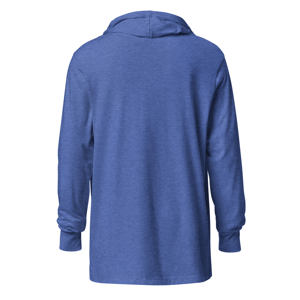 Back view of Heather True Royal Shalom Motherfucker Lightweight Hooded Tee by Eitan Chitayat, a soft hooded long-sleeve shirt