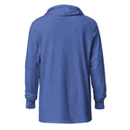 Back view of Heather True Royal Shalom Motherfucker Lightweight Hooded Tee by Eitan Chitayat, a soft hooded long-sleeve shirt