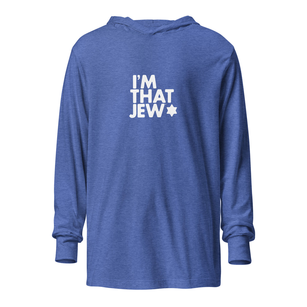 Front view of Heather True Royal I'm That Jew® Lightweight Hooded Tee by Eitan Chitayat, with a soft long-sleeve hooded T-shirt silhouette