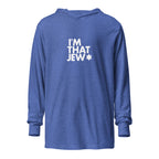 Front view of Heather True Royal I'm That Jew® Lightweight Hooded Tee by Eitan Chitayat, with a soft long-sleeve hooded T-shirt silhouette