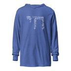 Front view of Heather True Royal Chai Lightweight Hooded Tee by Eitan Chitayat for I'm That Jew®, featuring Hebrew חי design