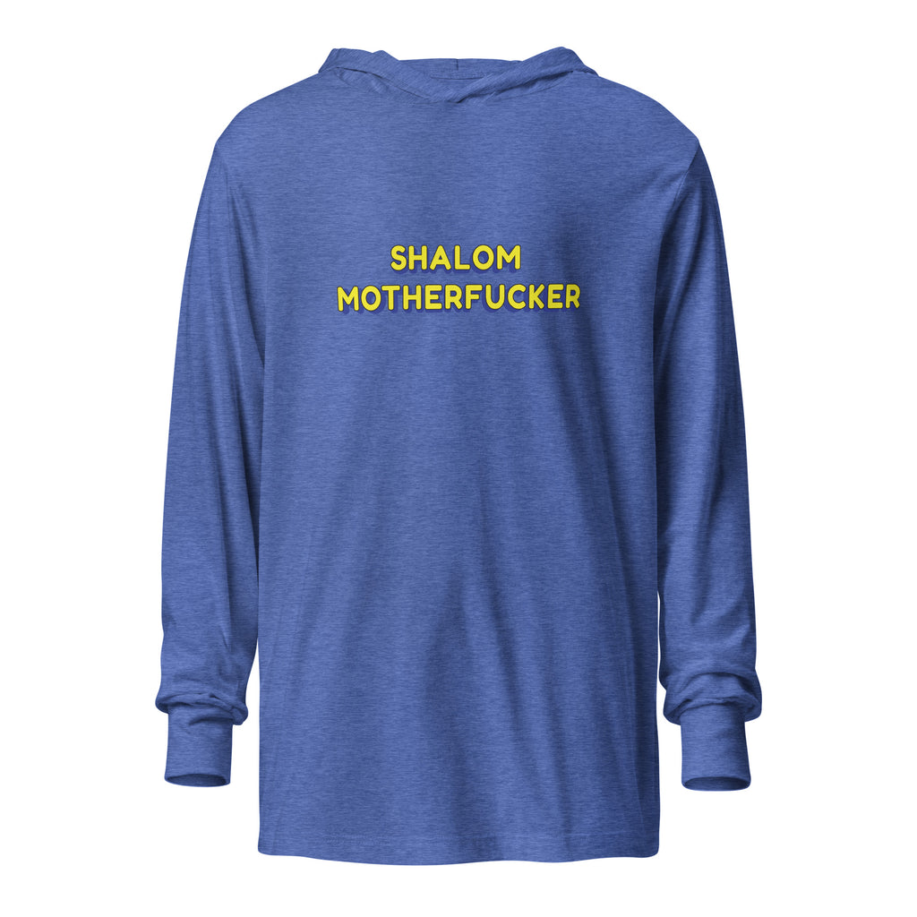 Front view of Heather True Royal Shalom Motherfucker Lightweight Hooded Tee by Eitan Chitayat, a soft hooded long-sleeve shirt