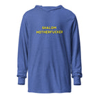 Front view of Heather True Royal Shalom Motherfucker Lightweight Hooded Tee by Eitan Chitayat, a soft hooded long-sleeve shirt