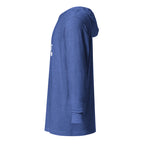 Left-side view of Heather True Royal I'm That Jew® Lightweight Hooded Tee by Eitan Chitayat, with a soft long-sleeve hooded T-shirt silhouette