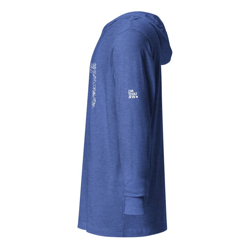 Left-side view of Heather True Royal Chai Lightweight Hooded Tee by Eitan Chitayat for I'm That Jew®, featuring Hebrew חי design
