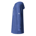 Left-side view of Heather True Royal Chai Lightweight Hooded Tee by Eitan Chitayat for I'm That Jew®, featuring Hebrew חי design