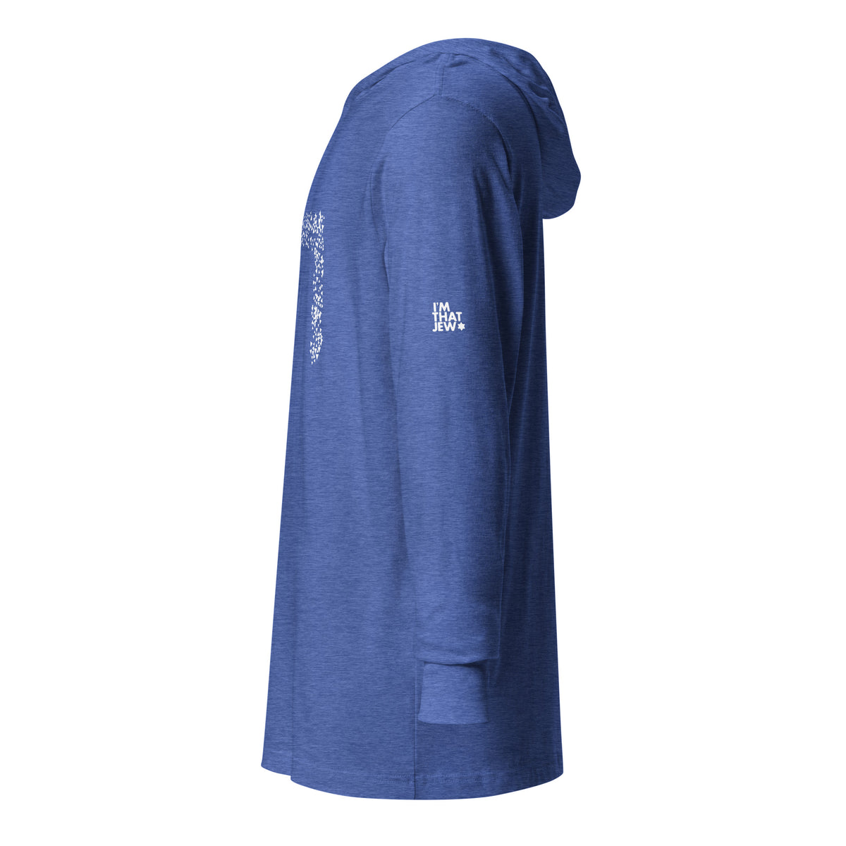 Left-side view of Heather True Royal Chai Lightweight Hooded Tee by Eitan Chitayat for I'm That Jew®, featuring Hebrew חי design