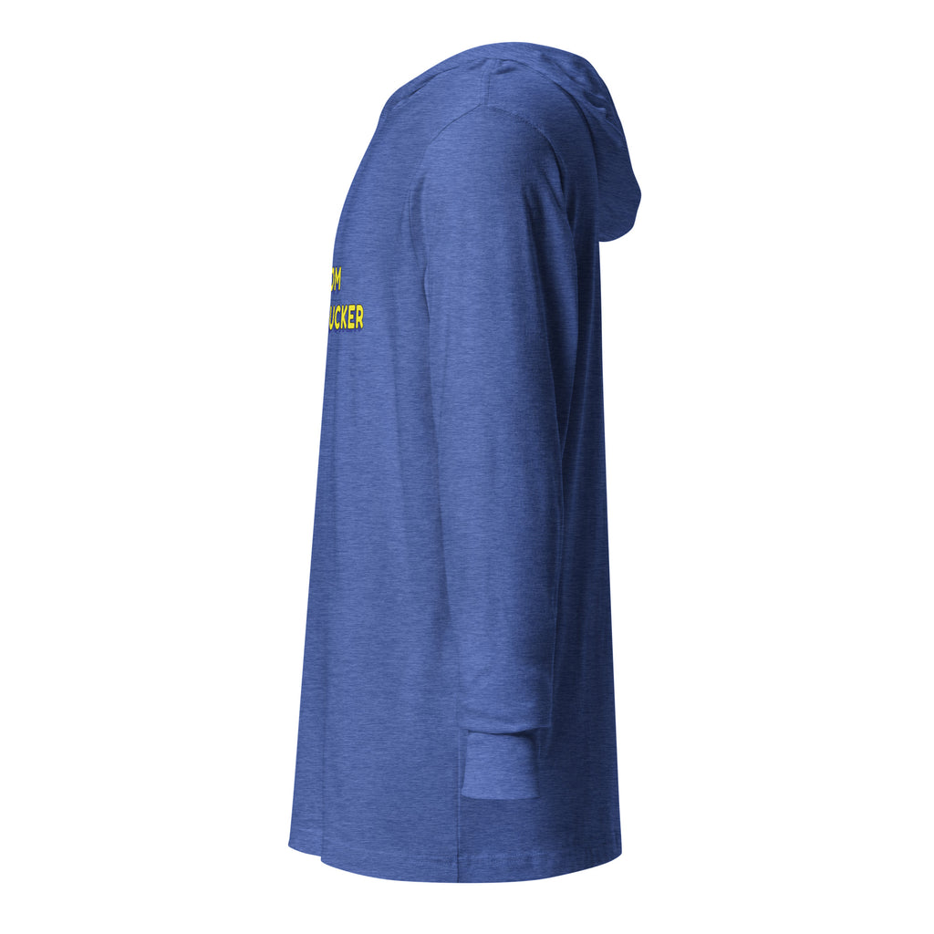 Left-side view of Heather True Royal Shalom Motherfucker Lightweight Hooded Tee by Eitan Chitayat, a soft hooded long-sleeve shirt