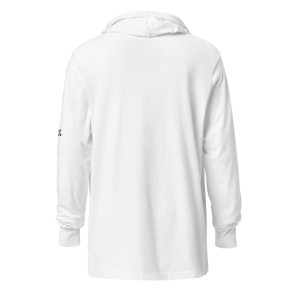 Back view of White Chai Lightweight Hooded Tee by Eitan Chitayat for I'm That Jew®, featuring Hebrew חי design