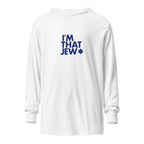 Front view of White I'm That Jew® Lightweight Hooded Tee by Eitan Chitayat, with a soft long-sleeve hooded T-shirt silhouette