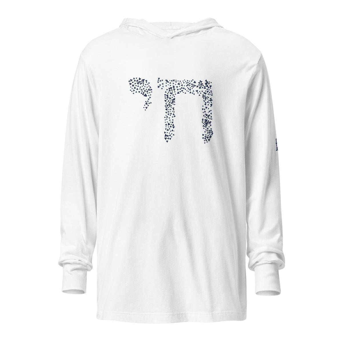 Front view of White Chai Lightweight Hooded Tee by Eitan Chitayat for I'm That Jew®, featuring Hebrew חי design