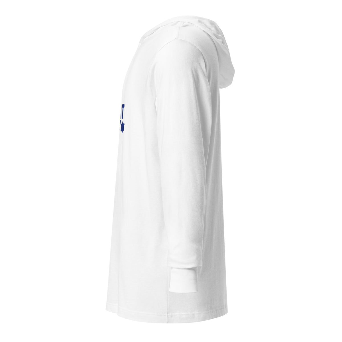 Left-side view of White I'm That Jew® Lightweight Hooded Tee by Eitan Chitayat, with a soft long-sleeve hooded T-shirt silhouette