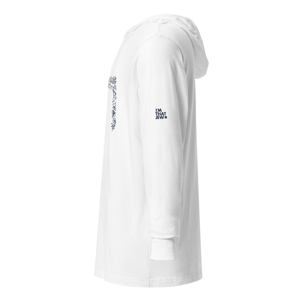 Left-side view of White Chai Lightweight Hooded Tee by Eitan Chitayat for I'm That Jew®, featuring Hebrew חי design