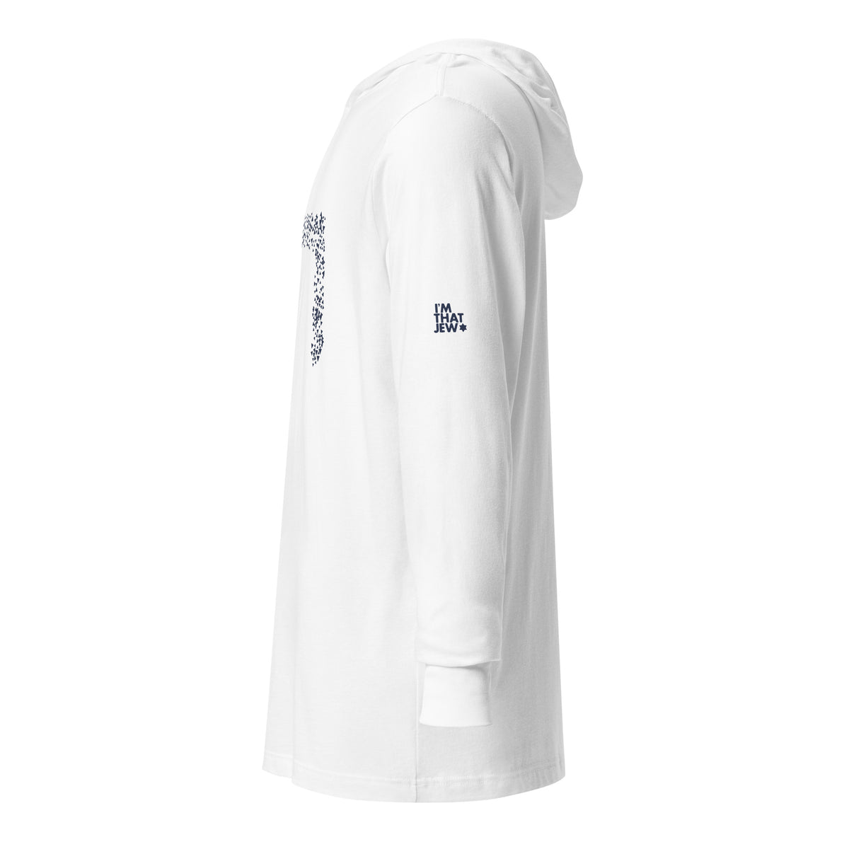 Left-side view of White Chai Lightweight Hooded Tee by Eitan Chitayat for I'm That Jew®, featuring Hebrew חי design