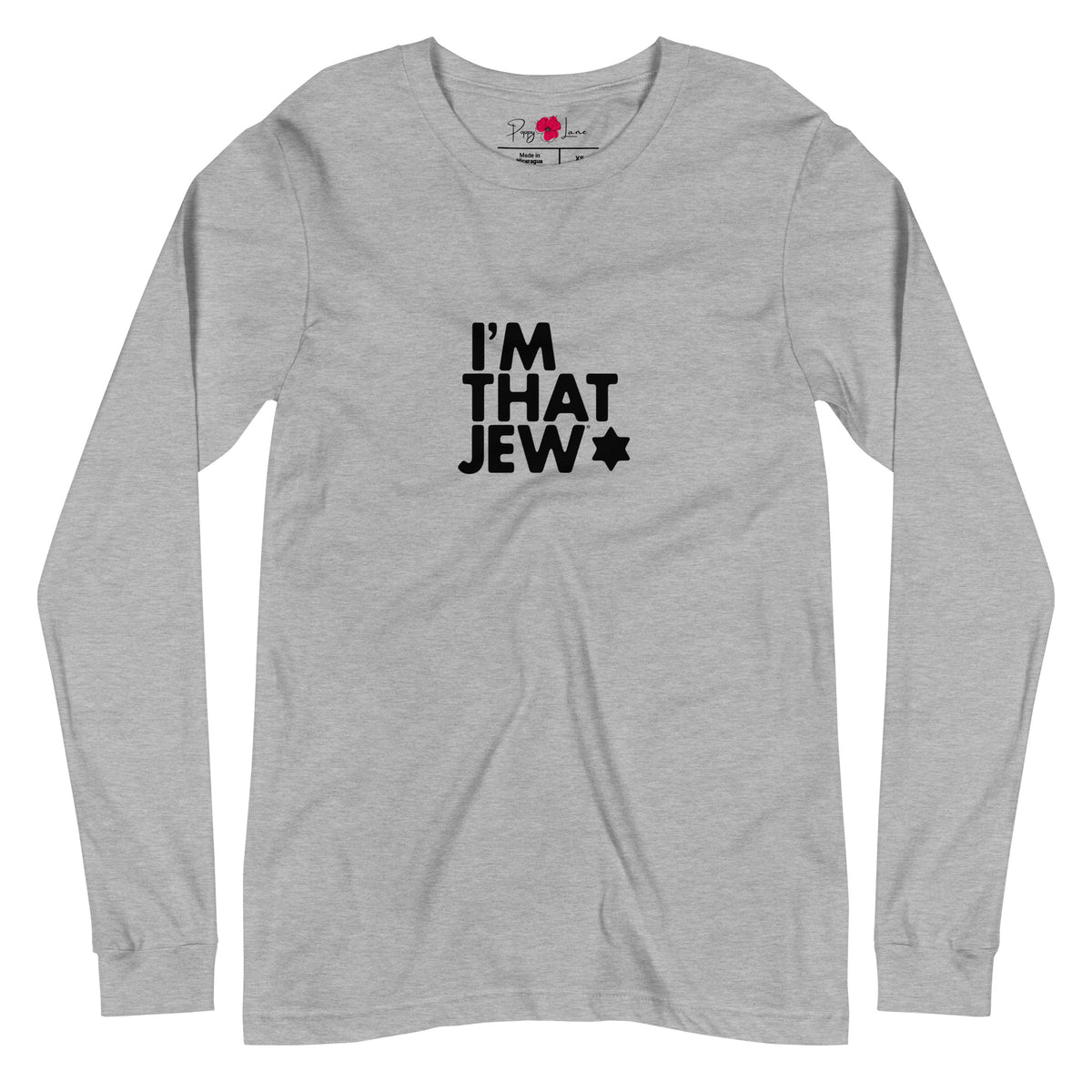Front view of Athletic Heather I'm That Jew® unisex long-sleeve T-shirt by Eitan Chitayat