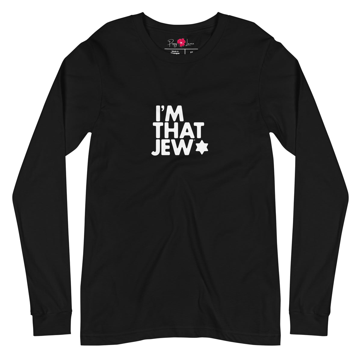 Front view of Black I'm That Jew® unisex long-sleeve T-shirt by Eitan Chitayat