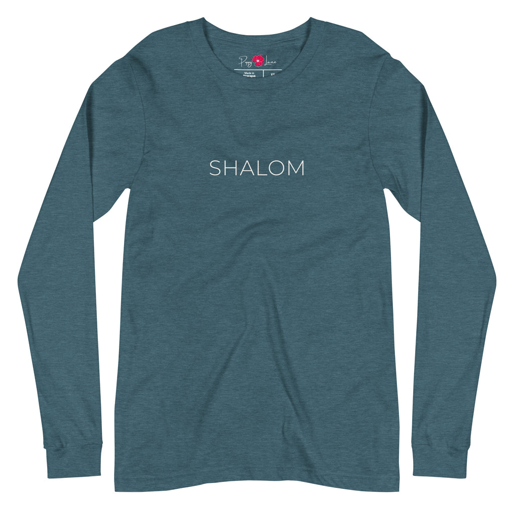 Front view of Heather Deep Teal Shalom Minimalist Long Sleeve T-Shirt with understated SHALOM lettering in English across the chest, by Poppy Lane