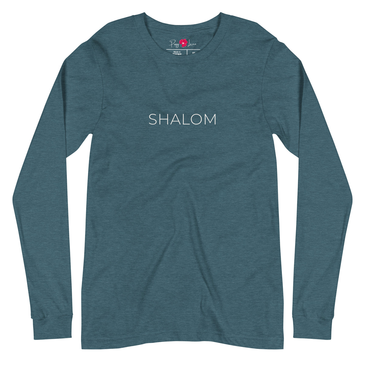 Front view of Heather Deep Teal Shalom Minimalist Long Sleeve T-Shirt with understated SHALOM lettering in English across the chest, by Poppy Lane