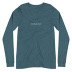 Front view of Heather Deep Teal Hineni Minimalist Long Sleeve T-Shirt by Poppy Lane featuring minimalist HINENI lettering across the chest