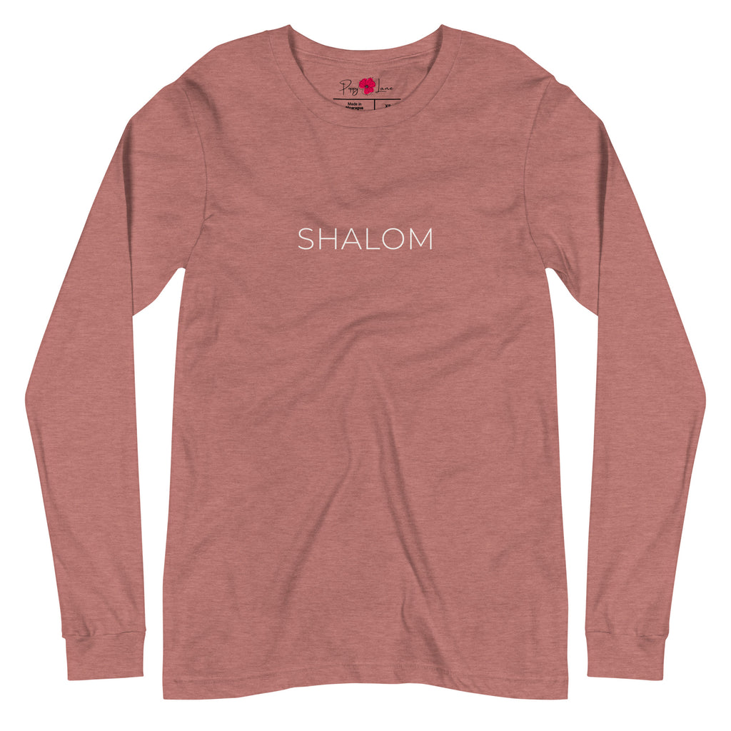 Front view of Heather Mauve Shalom Minimalist Long Sleeve T-Shirt with understated SHALOM lettering in English across the chest, by Poppy Lane