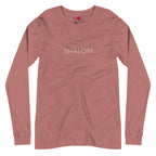 Front view of Heather Mauve Shalom Minimalist Long Sleeve T-Shirt with understated SHALOM lettering in English across the chest, by Poppy Lane