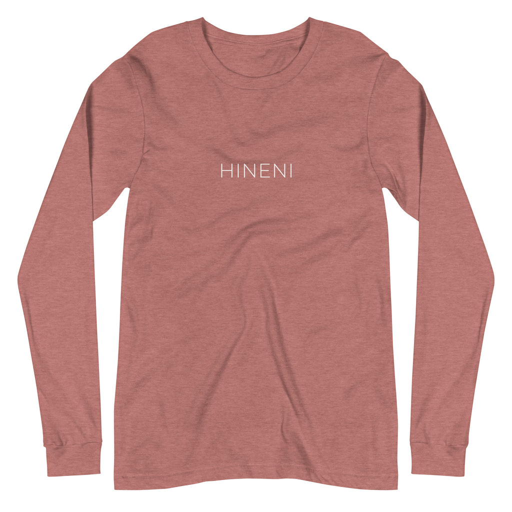Front view of Heather Mauve Hineni Minimalist Long Sleeve T-Shirt by Poppy Lane featuring minimalist HINENI lettering across the chest