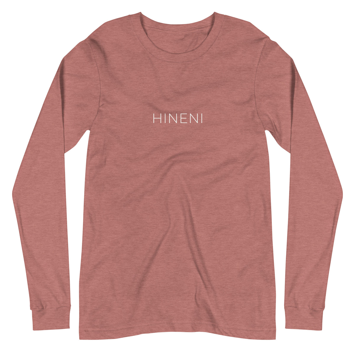 Front view of Heather Mauve Hineni Minimalist Long Sleeve T-Shirt by Poppy Lane featuring minimalist HINENI lettering across the chest