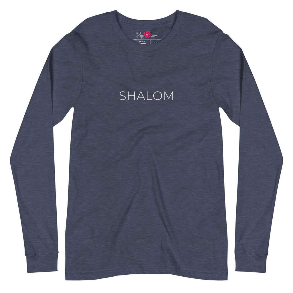 Front view of Heather Navy Shalom Minimalist Long Sleeve T-Shirt with understated SHALOM lettering in English across the chest, by Poppy Lane