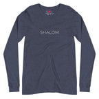 Front view of Heather Navy Shalom Minimalist Long Sleeve T-Shirt with understated SHALOM lettering in English across the chest, by Poppy Lane