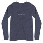 Front view of Heather Navy Hineni Minimalist Long Sleeve T-Shirt by Poppy Lane featuring minimalist HINENI lettering across the chest