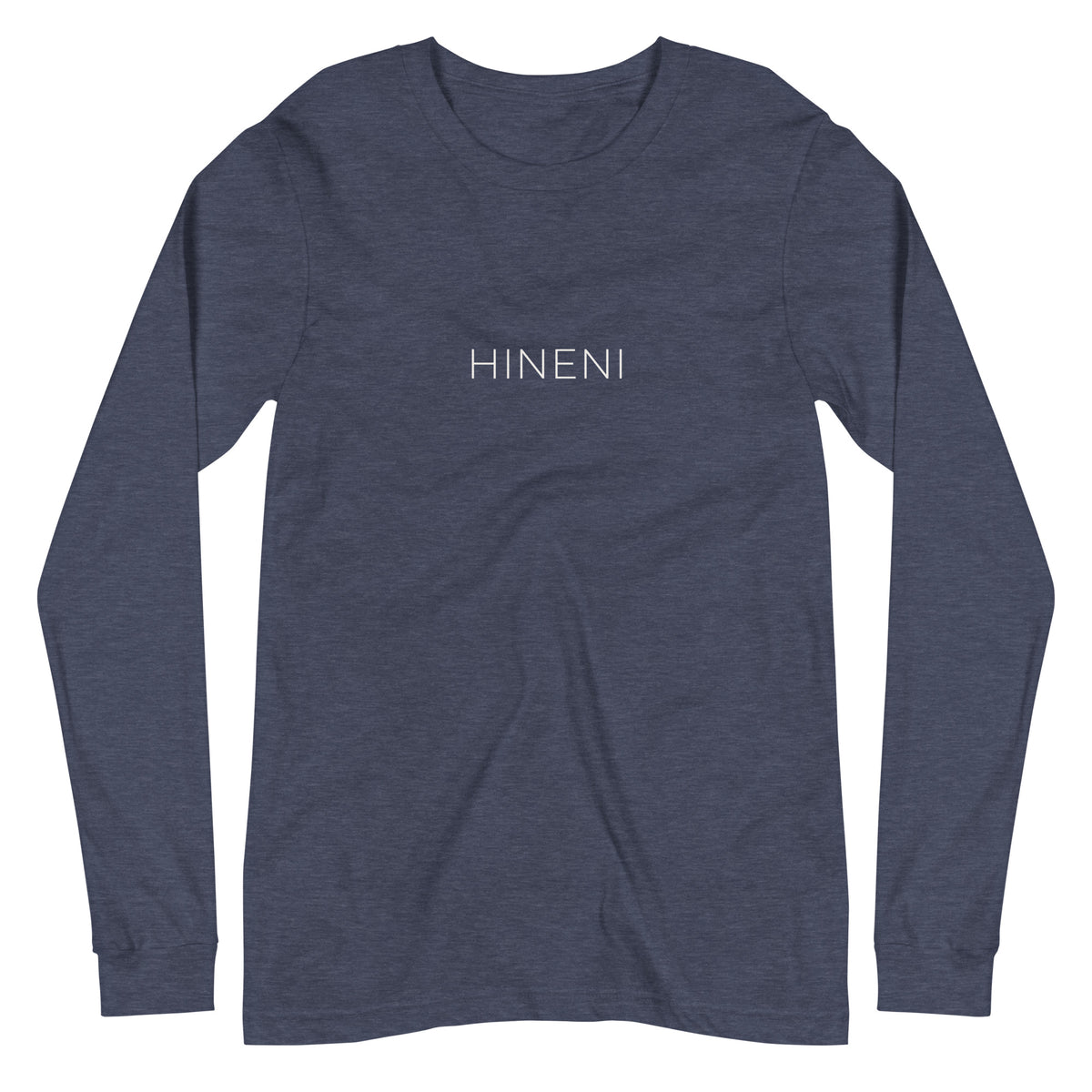 Front view of Heather Navy Hineni Minimalist Long Sleeve T-Shirt by Poppy Lane featuring minimalist HINENI lettering across the chest