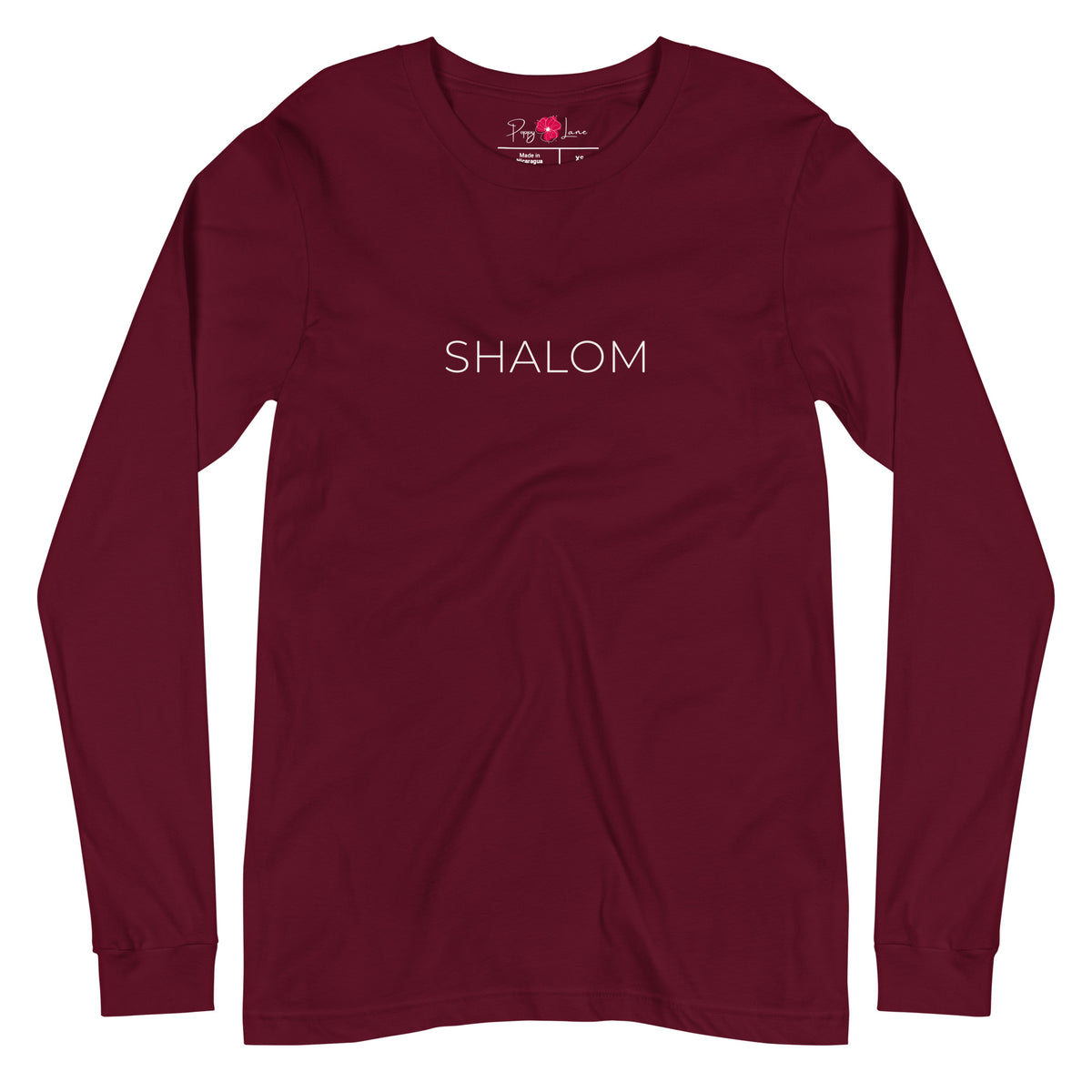 Front view of Maroon Shalom Minimalist Long Sleeve T-Shirt with understated SHALOM lettering in English across the chest, by Poppy Lane