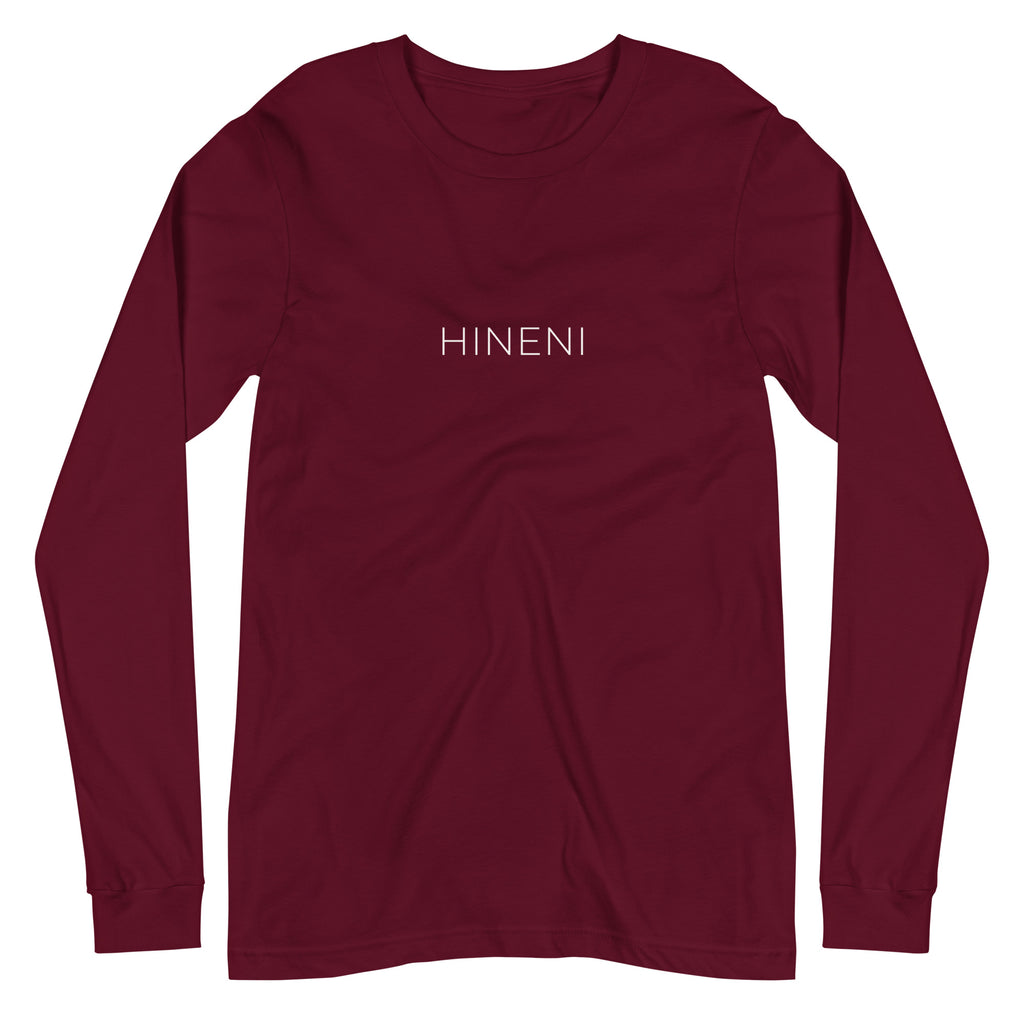 Front view of Maroon Hineni Minimalist Long Sleeve T-Shirt by Poppy Lane featuring minimalist HINENI lettering across the chest