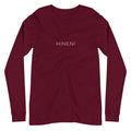 Front view of Maroon Hineni Minimalist Long Sleeve T-Shirt by Poppy Lane featuring minimalist HINENI lettering across the chest