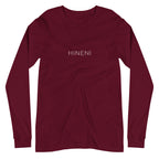 Front view of Maroon Hineni Minimalist Long Sleeve T-Shirt by Poppy Lane featuring minimalist HINENI lettering across the chest