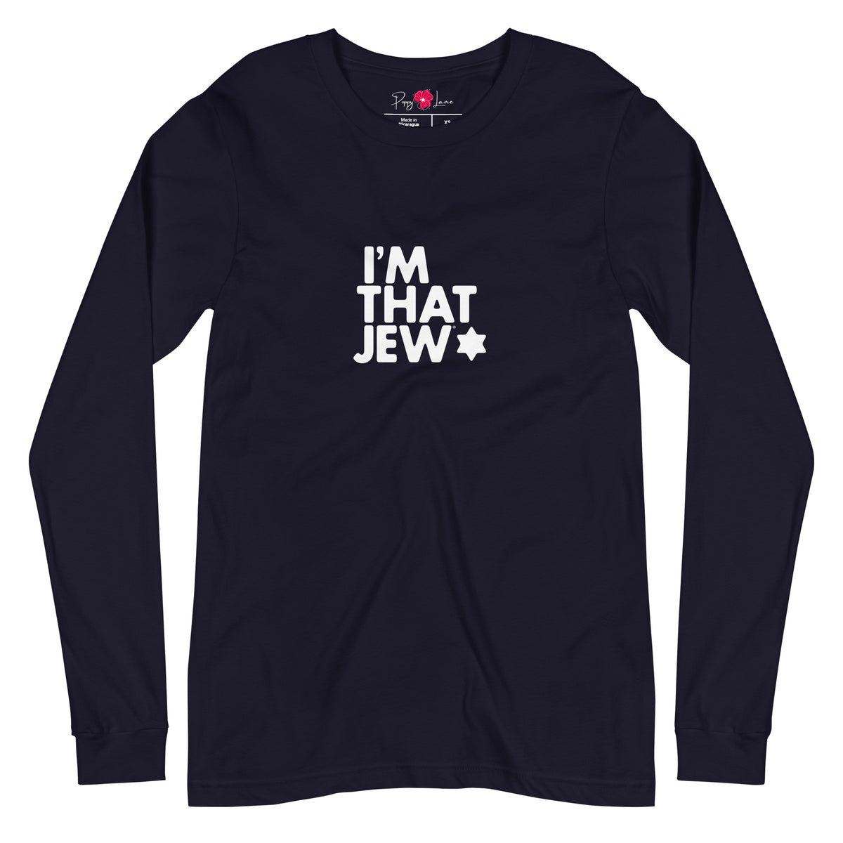 Front view of Navy I'm That Jew® unisex long-sleeve T-shirt by Eitan Chitayat