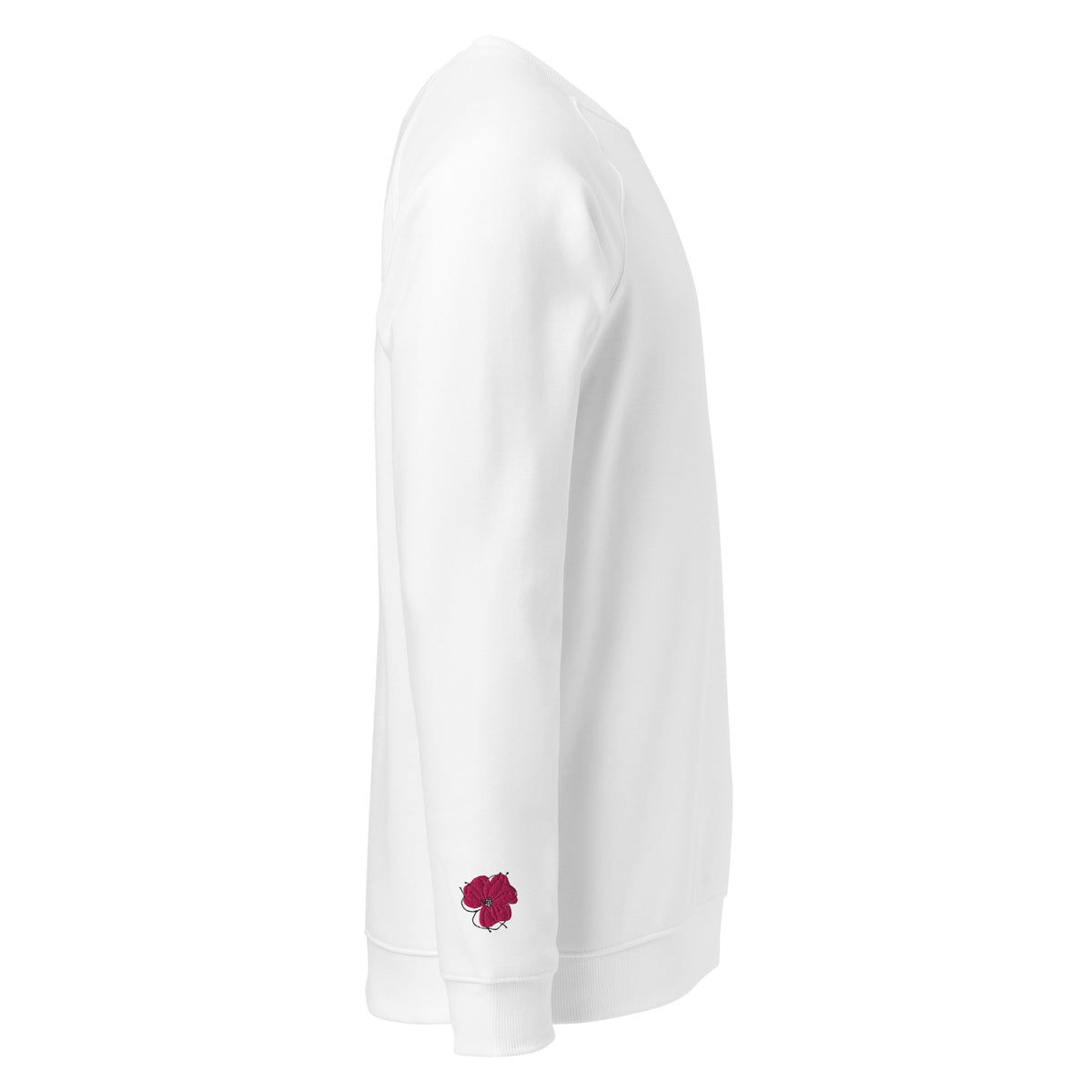 Side view of white Embroidered Poppy Raglan Sweatshirt showing poppy embroidered near the right cuff