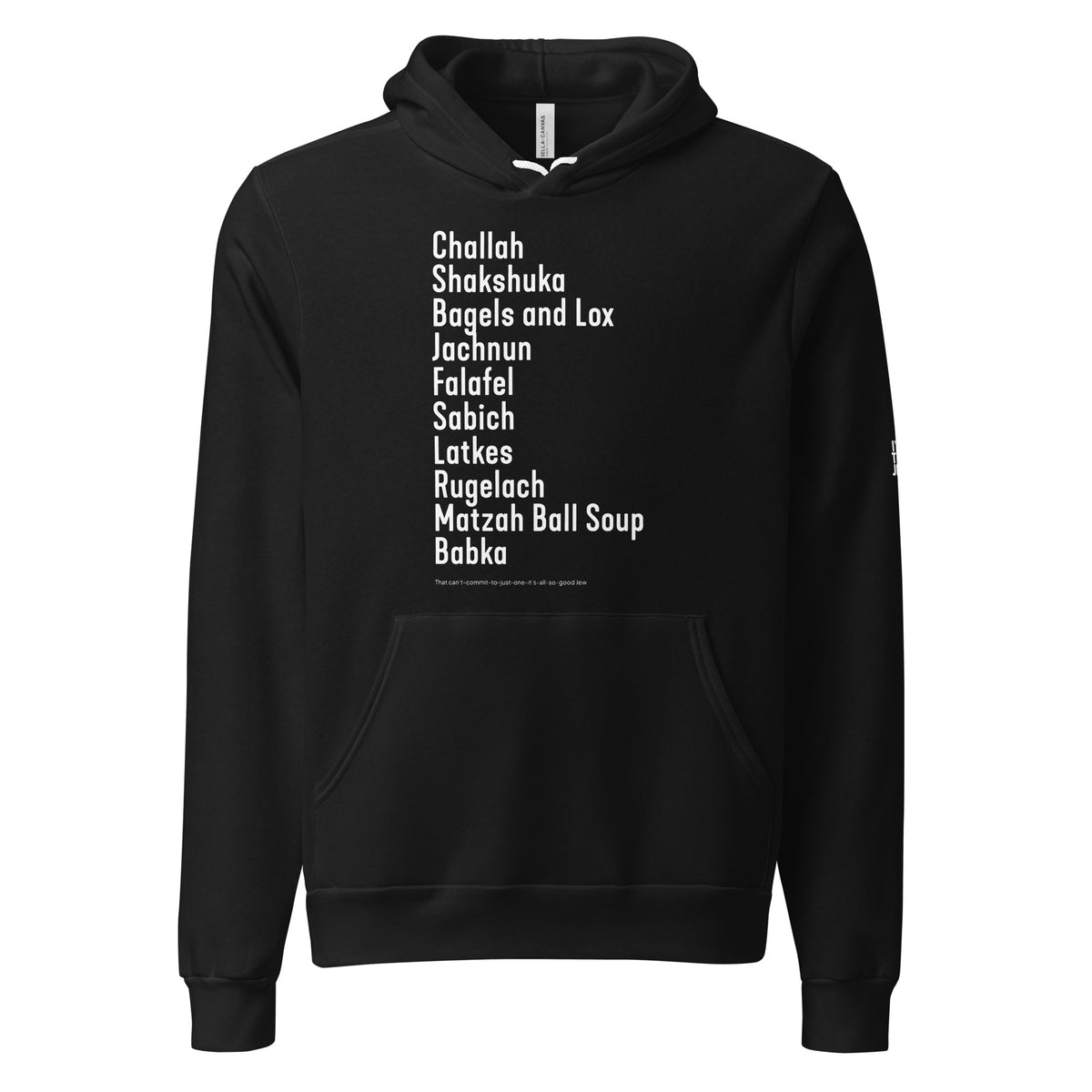 Black The Ten Jewish Foods unisex pullover hoodie by Eitan Chitayat for I'm That Jew®, front view