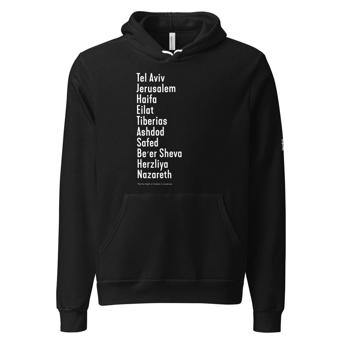 Black The Ten Israeli Cities unisex pullover hoodie by Eitan Chitayat for I'm That Jew®, front view