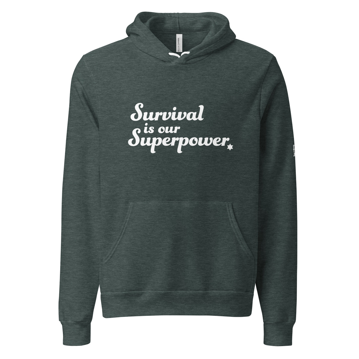 Heather Forest Survival Is Our Superpower unisex pullover hoodie by Eitan Chitayat for I'm That Jew®, front view