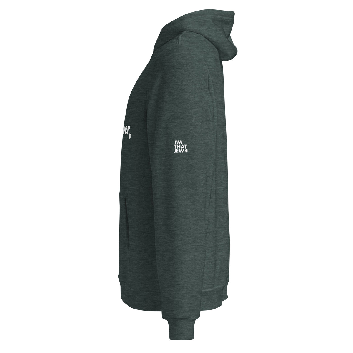 Heather Forest Survival Is Our Superpower unisex pullover hoodie by Eitan Chitayat for I'm That Jew®, left side view