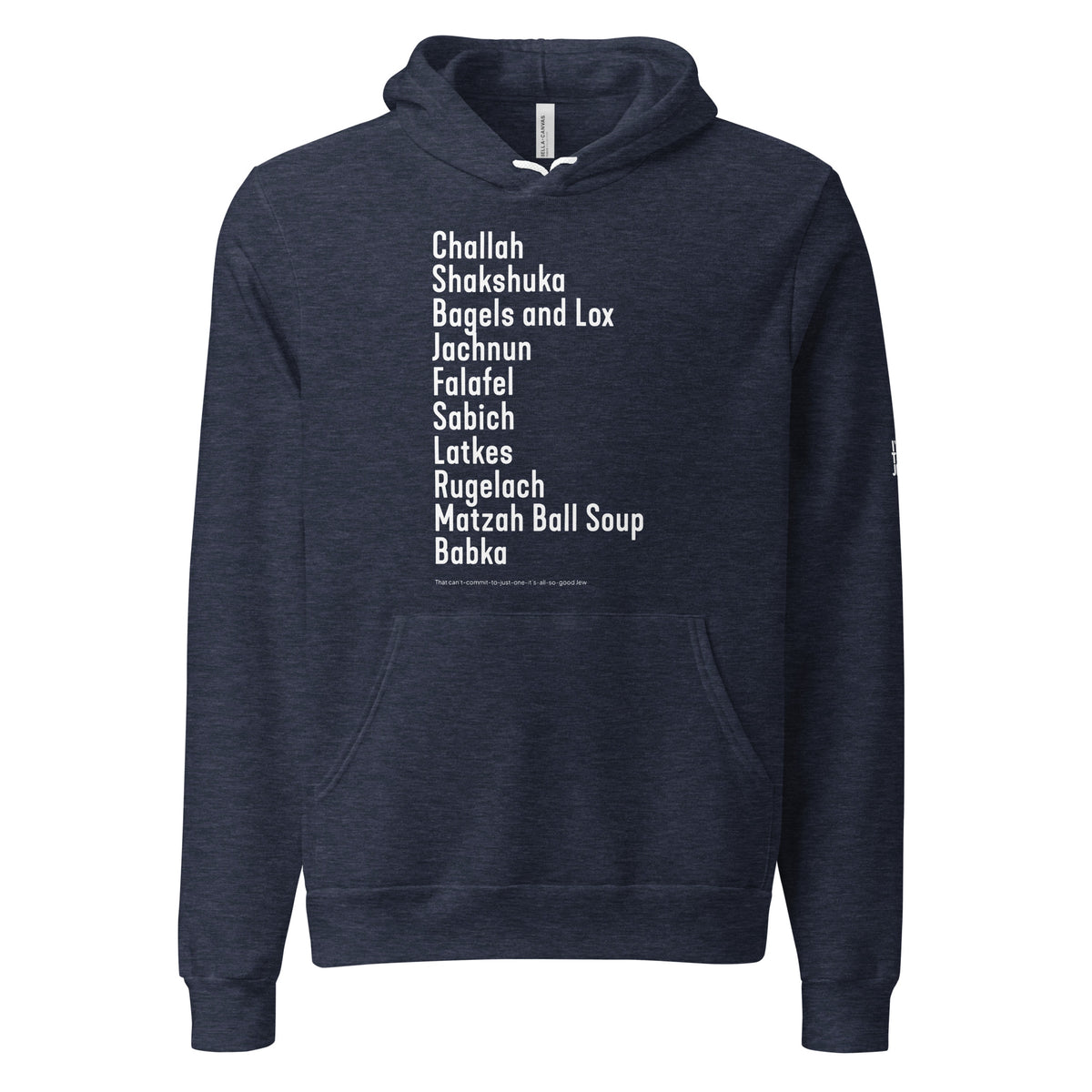 Heather Navy The Ten Jewish Foods unisex pullover hoodie by Eitan Chitayat for I'm That Jew®, front view