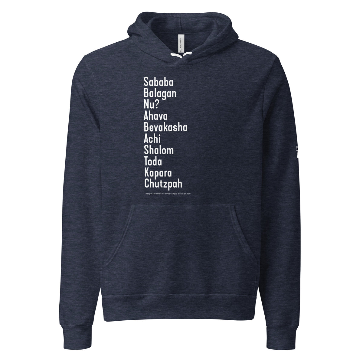 Heather Navy The Ten Hebrew Words unisex pullover hoodie by Eitan Chitayat for I'm That Jew®, front view