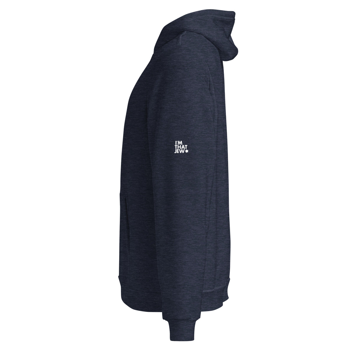 Heather Navy The Ten Israeli Cities unisex pullover hoodie by Eitan Chitayat for I'm That Jew®, left side view