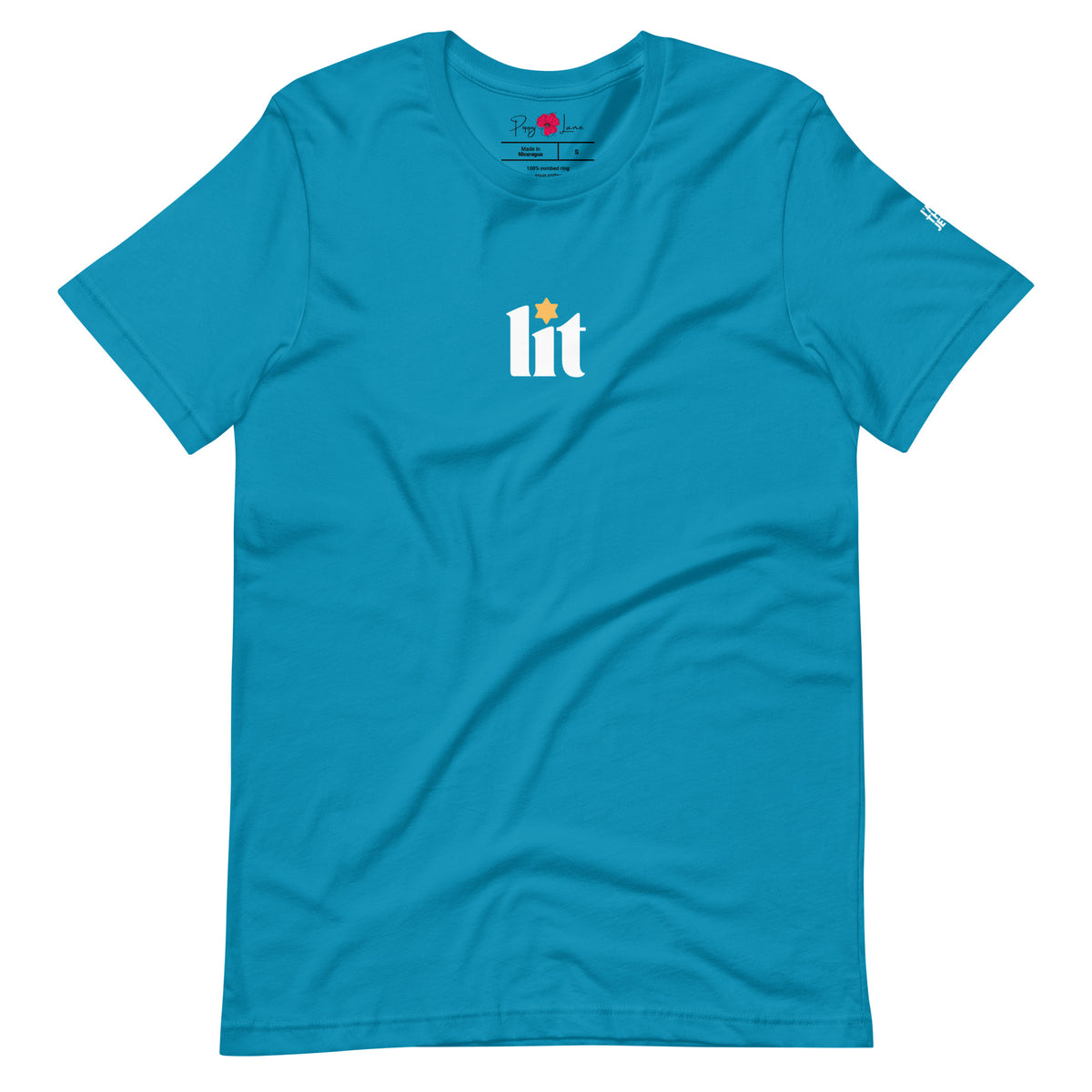 Aqua Lit Hanukkah tee by Eitan Chitayat with white lettering and a gold Star of David detail.
