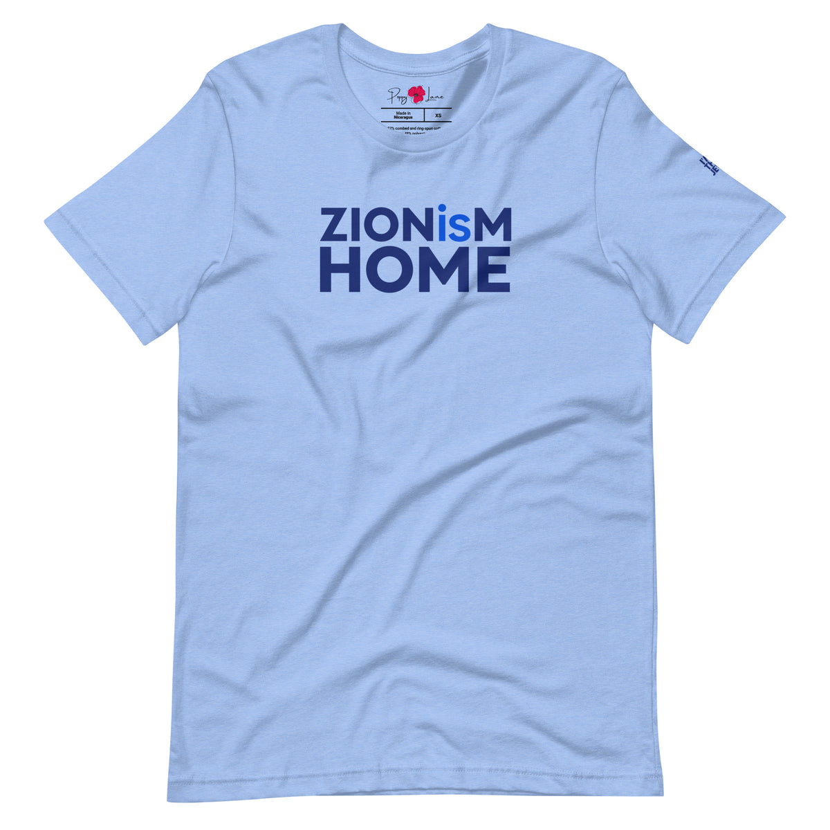 Front view of Heather Carolina Blue ZIONisM Home T-shirt by Eitan Chitayat, featuring I'm That Jew® sleeve logo