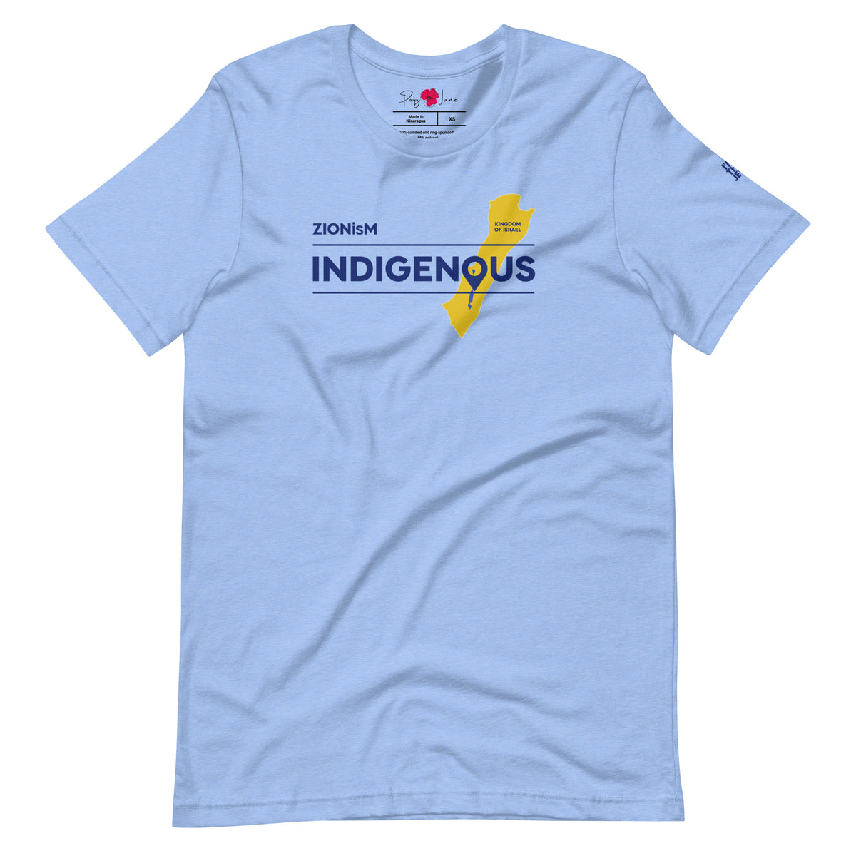 Front view of Heather Carolina Blue ZIONisM Indigenous T-shirt featuring an ancient map of Israel, designed by Eitan Chitayat, with I'm That Jew® sleeve logo