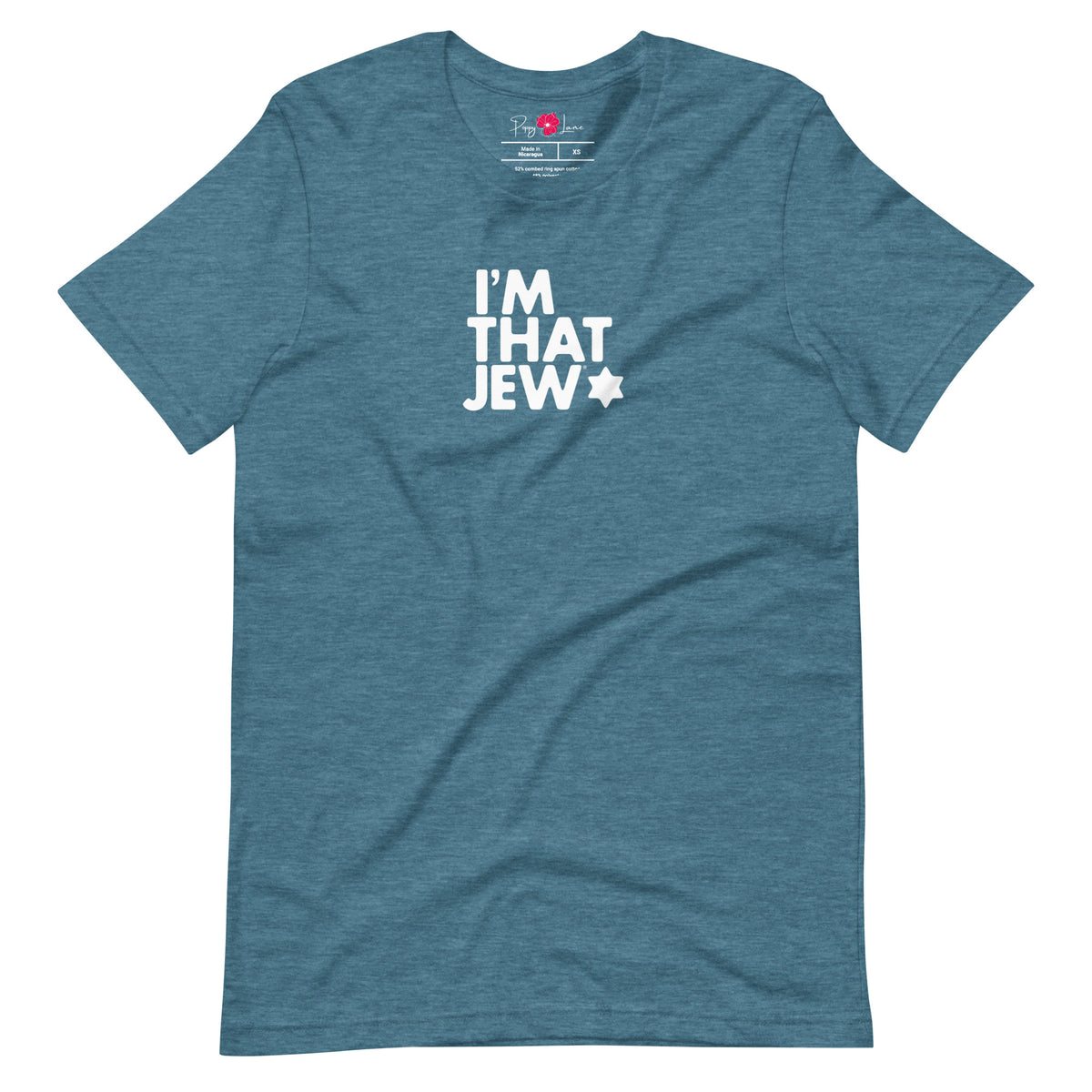 Front view of Heather Deep Teal I'm That Jew® unisex short-sleeve T-shirt by Eitan Chitayat